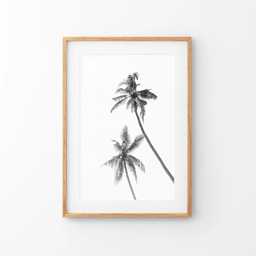 Minimalist Black White Palms Poster. Hawaii Theme. Thin Wood Frame with Mat