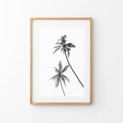 Minimalist Black White Palms Poster. Hawaii Theme. Thin Wood Frame with Mat