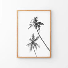 Load image into Gallery viewer, Minimalist Black White Palms Poster. Hawaii Theme. Thin Wood Frame
