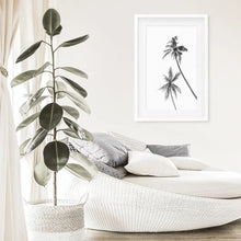 Load image into Gallery viewer, Minimalist Black White Palms Poster. Hawaii Theme. White Frame with Mat
