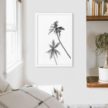 Load image into Gallery viewer, Minimalist Black White Palms Poster. Hawaii Theme. White Frame
