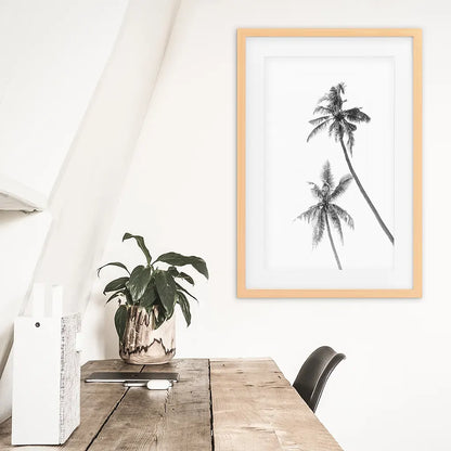 Minimalist Black White Palms Poster. Hawaii Theme. Wood Frame with Mat