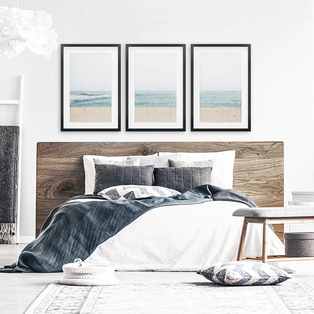 Beige Blue Minimalist Seashore Photo. 3 Piece Wall Art