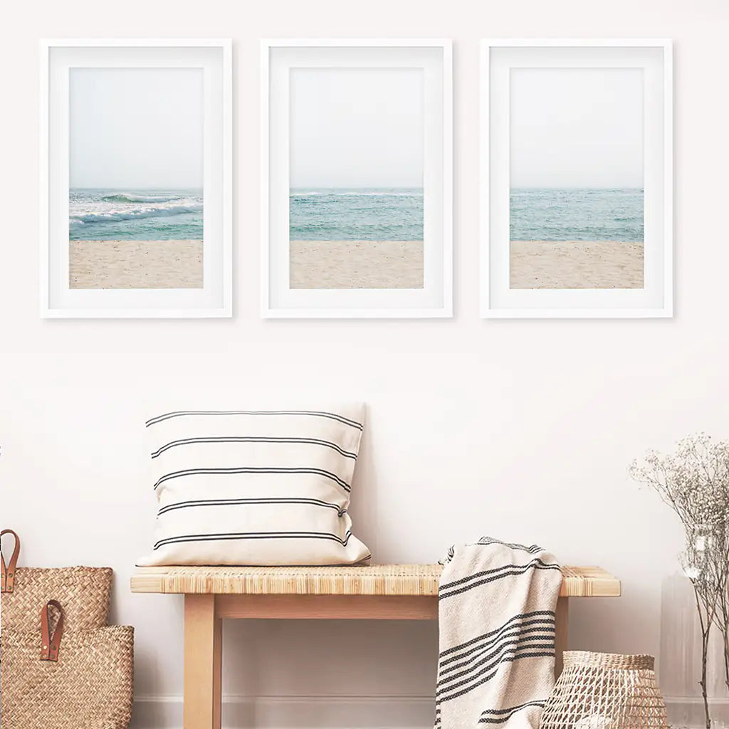 Beige Blue Minimalist Seashore Photo. 3 Piece Wall Art