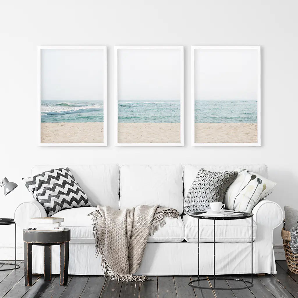 Beige Blue Minimalist Seashore Photo. 3 Piece Wall Art