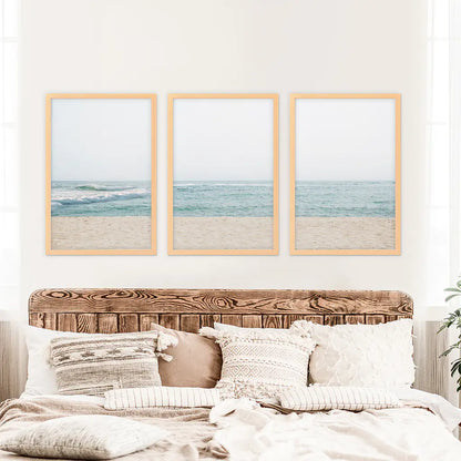 Beige Blue Minimalist Seashore Photo. 3 Piece Wall Art