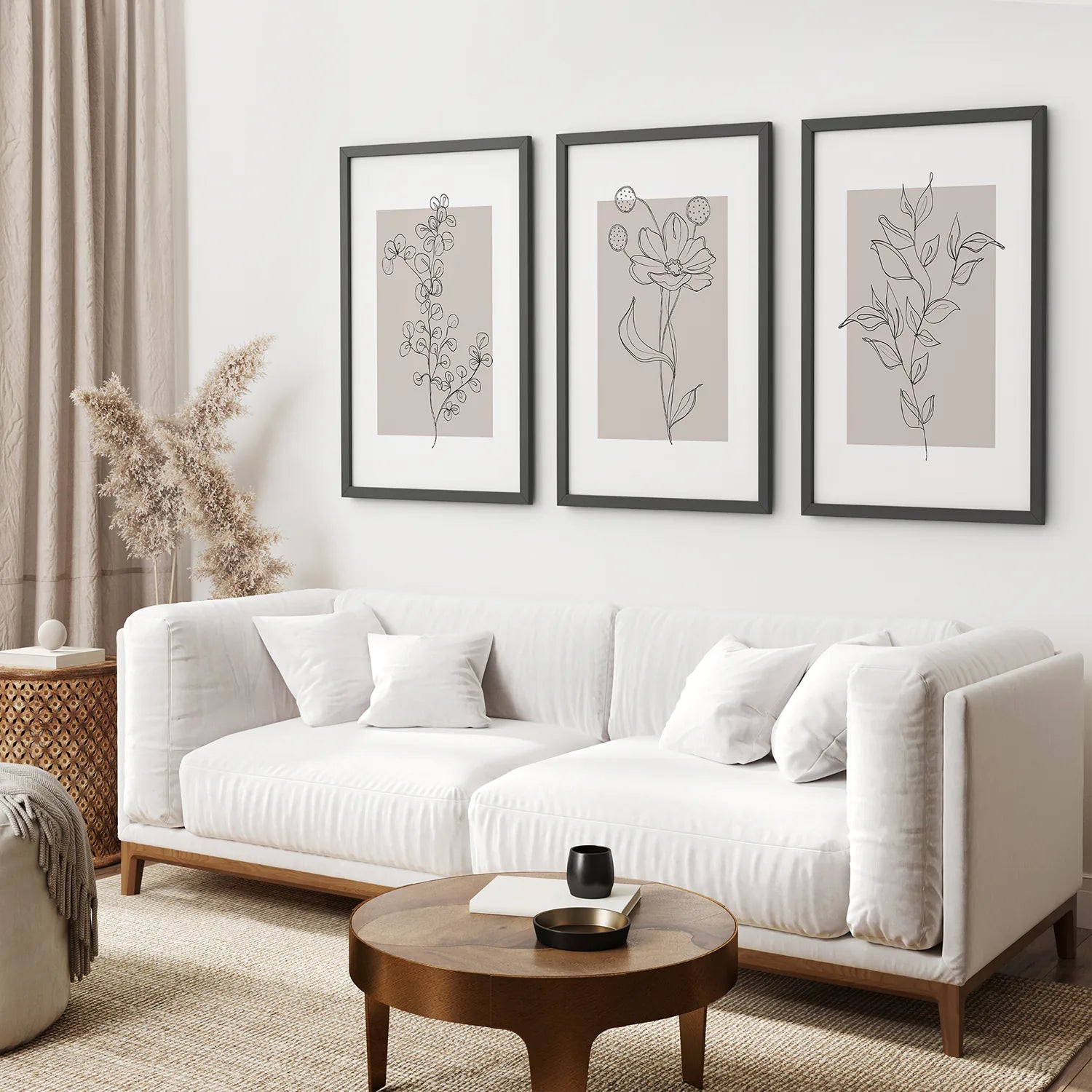 Pastel Botanical Wall Art Set of 3 Pieces. Gray and Beige. Black Frame. Living Room