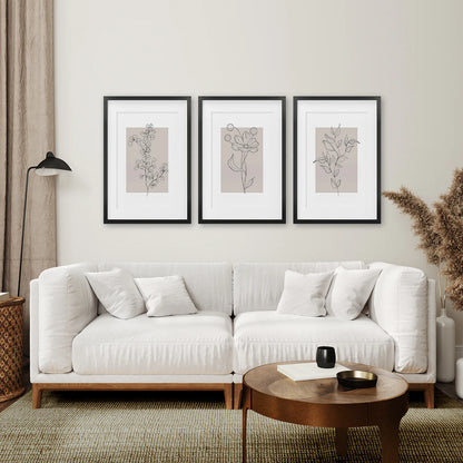 Pastel Botanical Wall Art Set of 3 Pieces. Gray and Beige. Black Frame with Mat. Living Room