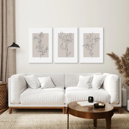 Pastel Botanical Wall Art Set of 3 Pieces. Gray and Beige. Canvas Print. Living Room