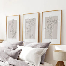 Load image into Gallery viewer, Pastel Botanical Wall Art Set of 3 Pieces. Gray and Beige. Thinwood Frame. Bedroom
