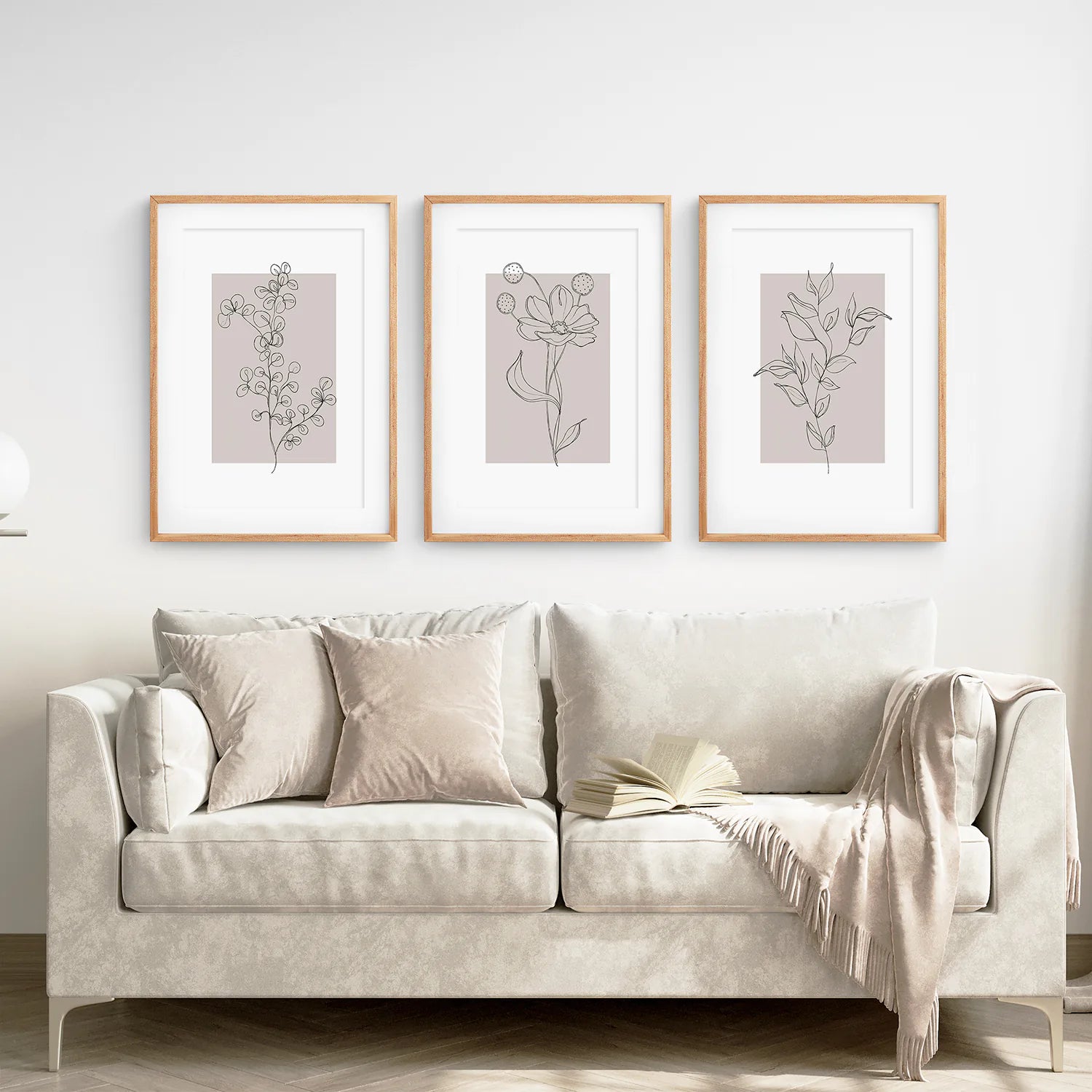 Pastel Botanical Wall Art Set of 3 Pieces. Gray and Beige. White Frame with Mat. Living Room