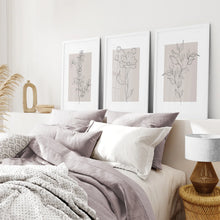 Load image into Gallery viewer, Pastel Botanical Wall Art Set of 3 Pieces. Gray and Beige. White Frame. Bedroom
