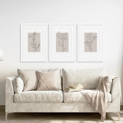 Pastel Botanical Wall Art Set of 3 Pieces. Gray and Beige. White Frame with Mat. Living Room