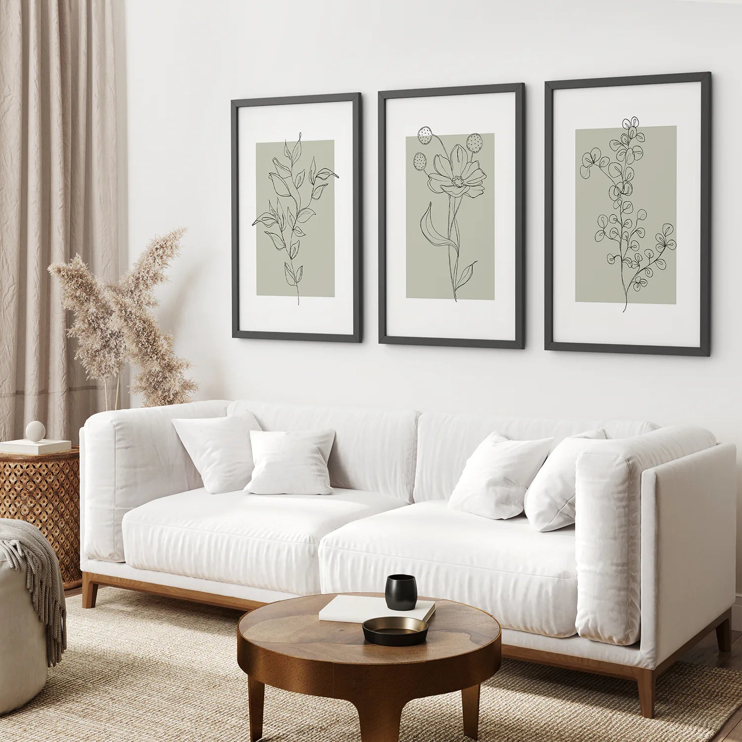 Pastel Wild Flowers Set of 3 Prints. Botanical Line Art. Black Frame. Living Room