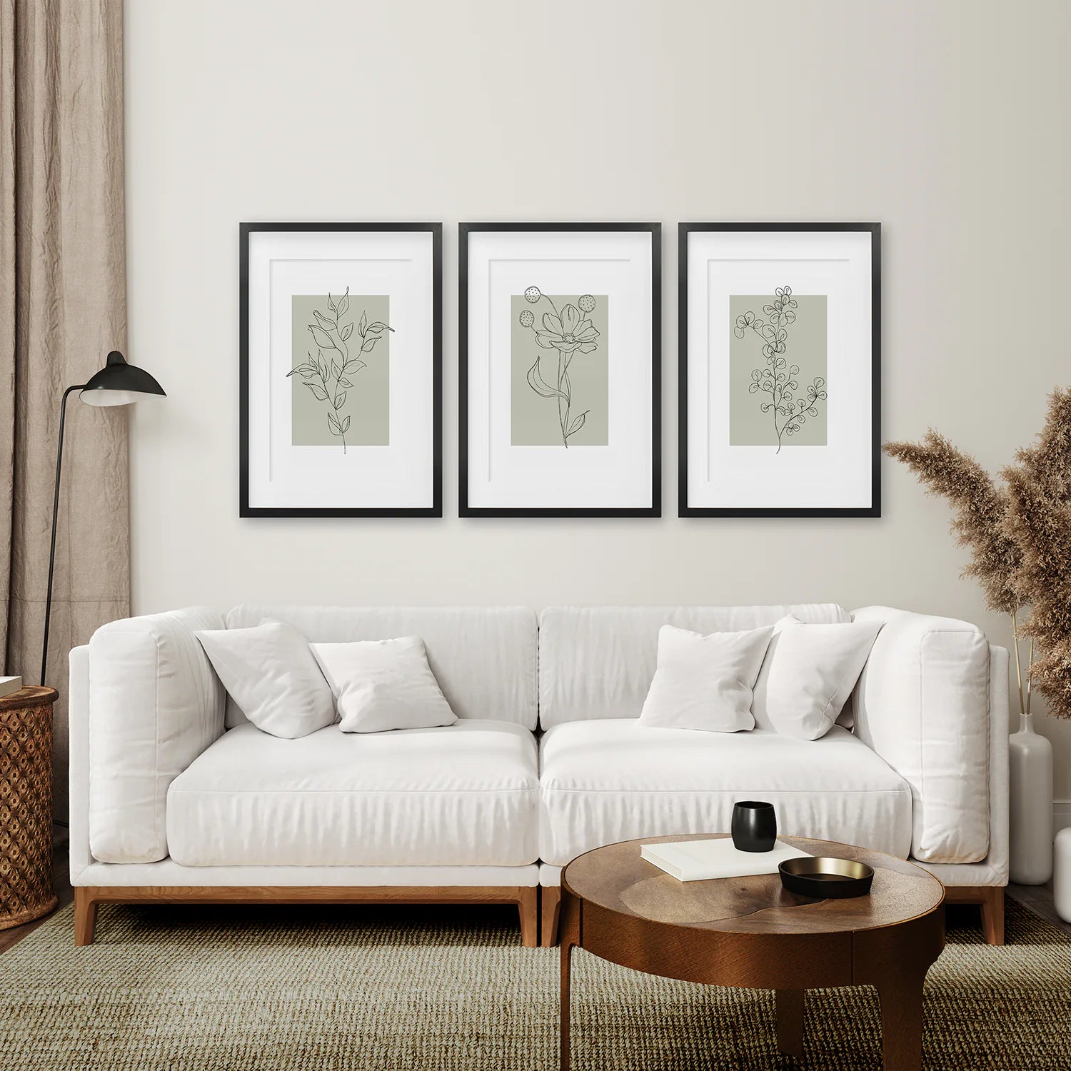 Pastel Wild Flowers Set of 3 Prints. Botanical Line Art. Black Frame with Mat. Living Room