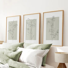 Load image into Gallery viewer, Pastel Wild Flowers Set of 3 Prints. Botanical Line Art. Thinwood Frame. Bedroom
