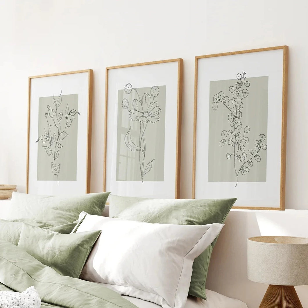 Pastel Wild Flowers Set of 3 Prints. Botanical Line Art. Thinwood Frame. Bedroom