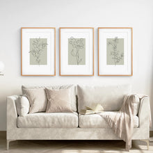 Load image into Gallery viewer, Pastel Wild Flowers Set of 3 Prints. Botanical Line Art. Thinwood Frame with Mat. Living Room
