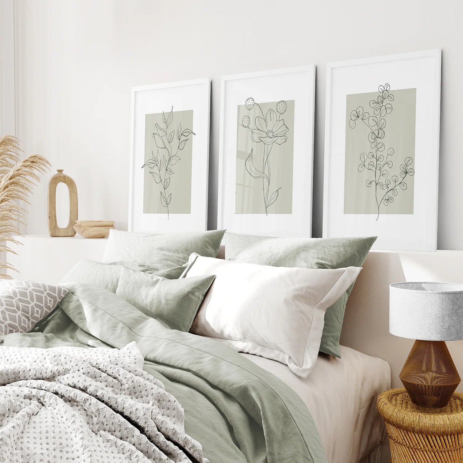 Pastel Wild Flowers Set of 3 Prints. Botanical Line Art. White Frame. Bedroom