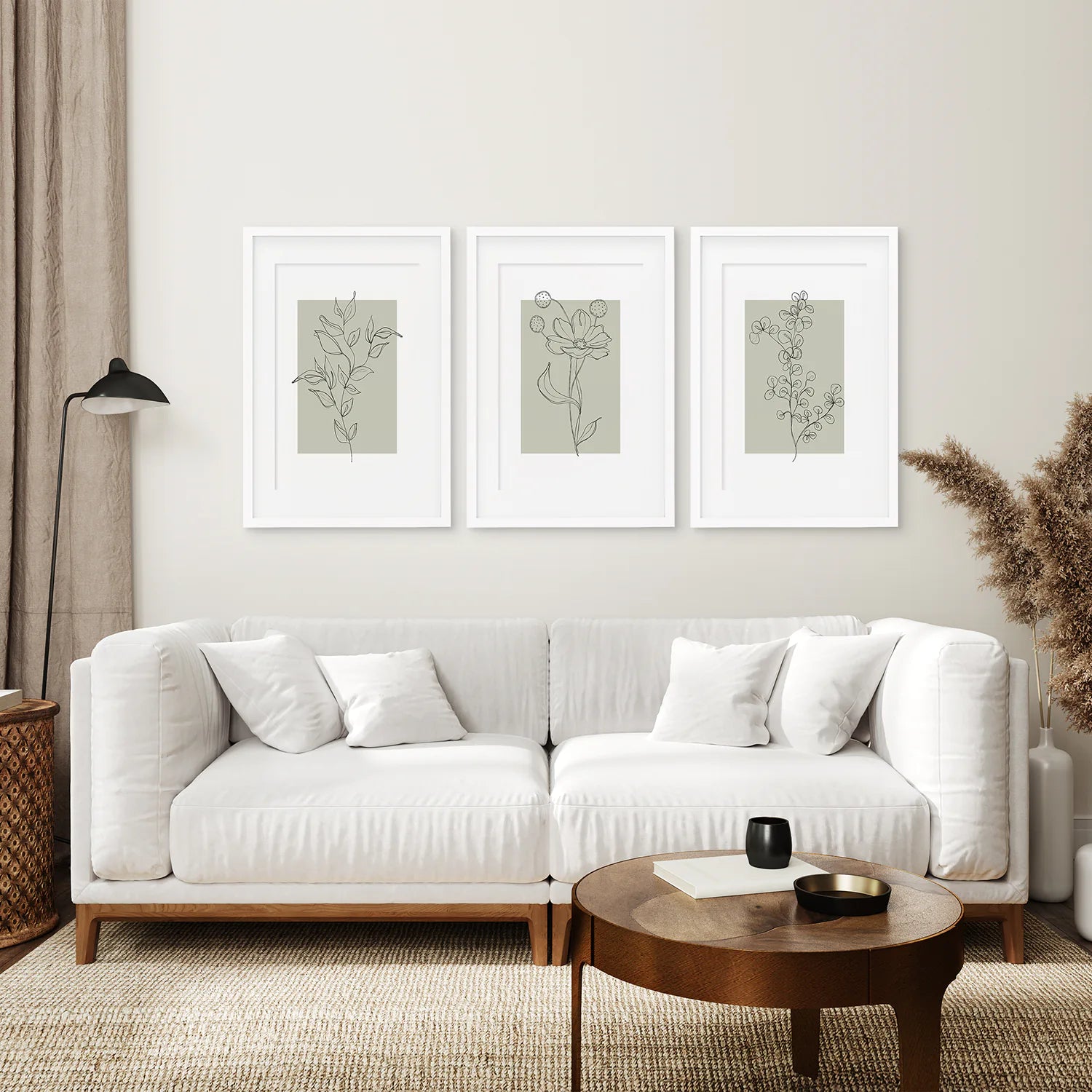 Pastel Wild Flowers Set of 3 Prints. Botanical Line Art. White Frame with Mat. Living Room