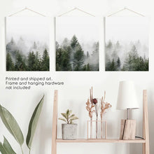 Load image into Gallery viewer, Pine Tree Foggy Forest Triptych. Nordic Wall Decor
