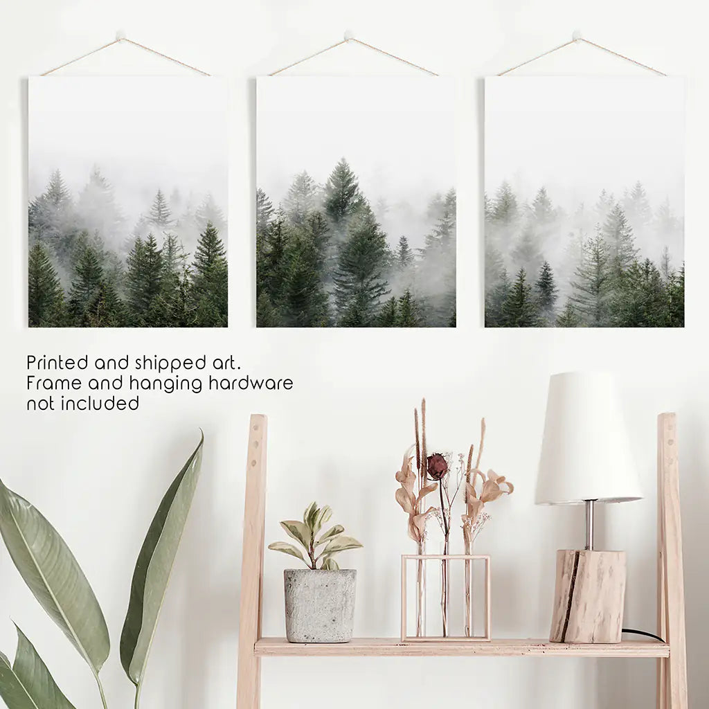 Pine Tree Foggy Forest Triptych. Nordic Wall Decor