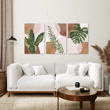 Load image into Gallery viewer, 3 Piece Terracotta Boho Wall Art. Green Tropical Leaves
