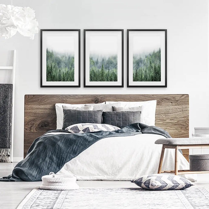 Green Forest in Fog. Triptych Wall Art. Black Frames with Mat Set