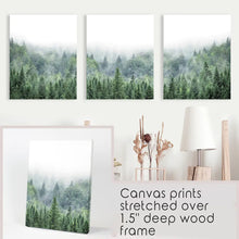 Load image into Gallery viewer, Green Forest in Fog. Triptych Wall Art. Wrapped Canvas Set
