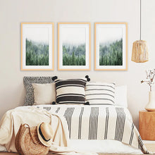 Load image into Gallery viewer, Green Forest in Fog. Triptych Wall Art. Wood Frames with Mat Set
