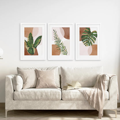 3 Piece Terracotta Boho Wall Art. Green Tropical Leaves