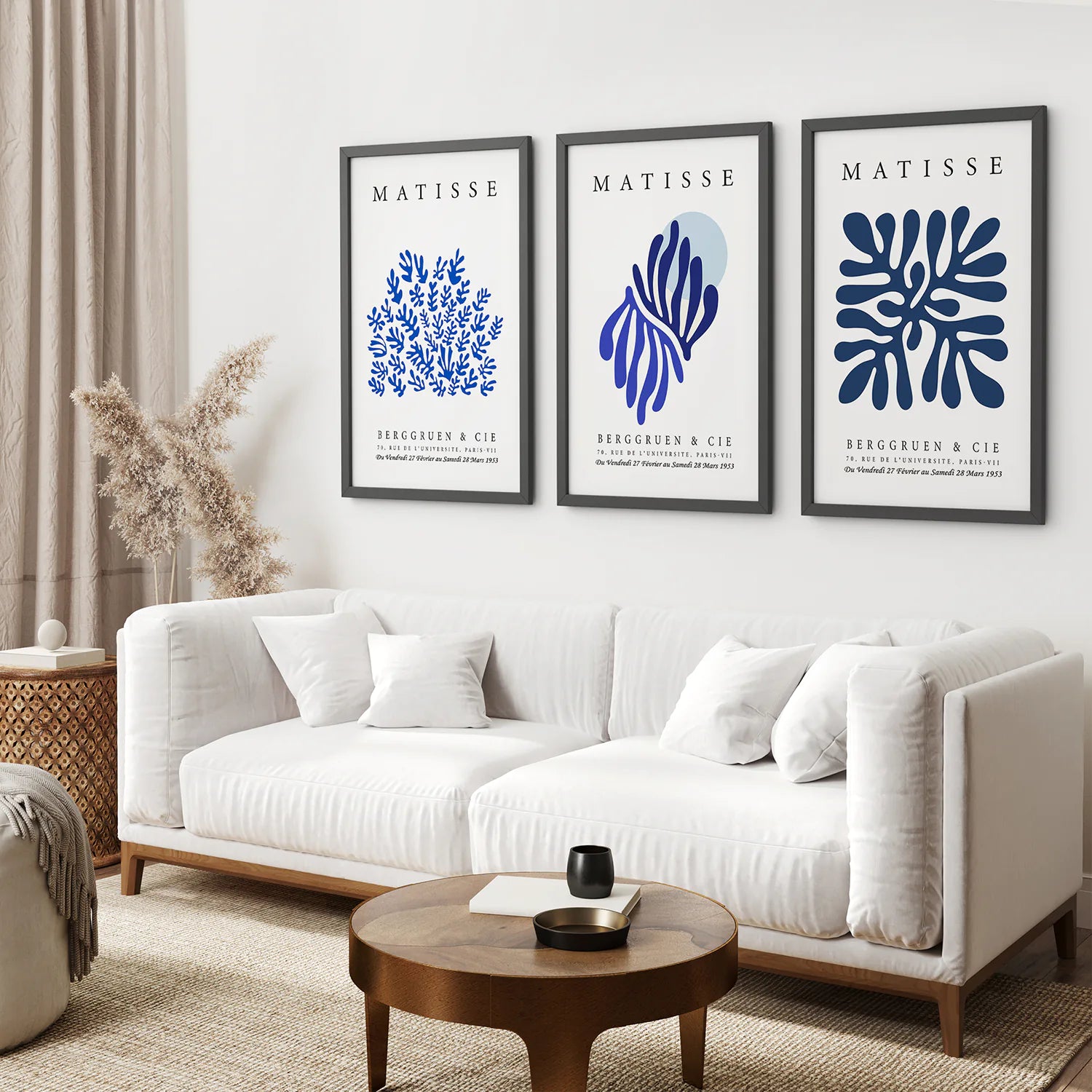 Navy Blue Henri Matisse Set of 3 Prints. Black Frame. Living Room