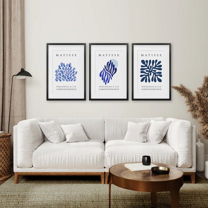 Navy Blue Henri Matisse Set of 3 Prints. Black Frame with Mat. Living Room