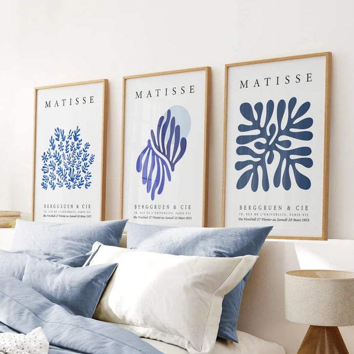 Navy Blue Henri Matisse Set of 3 Prints. Thinwood Frame. Bedroom