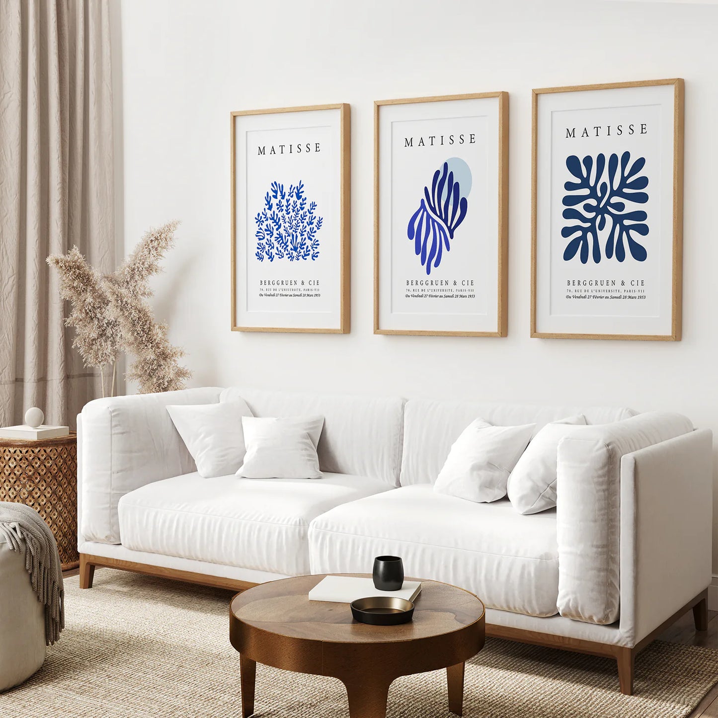 Navy Blue Henri Matisse Set of 3 Prints. Thinwood Frame with Mat. Living Room