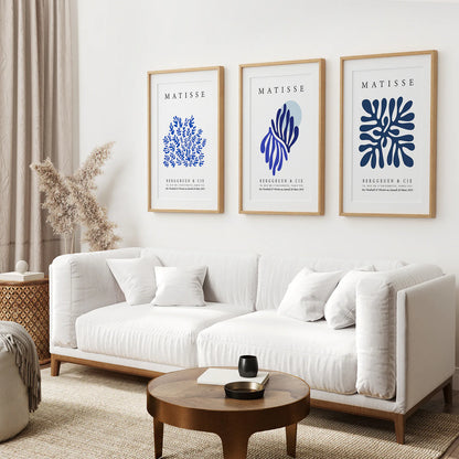 Navy Blue Henri Matisse Set of 3 Prints. Thinwood Frame with Mat. Living Room