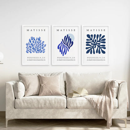 Navy Blue Henri Matisse Set of 3 Prints. White Frame. Living Room