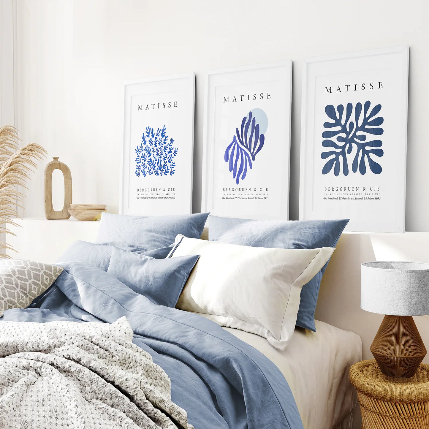 Navy Blue Henri Matisse Set of 3 Prints. White Frame with Mat. Bedroom