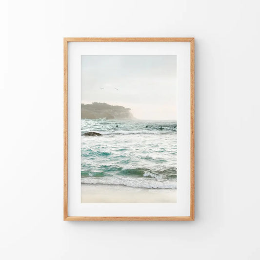 Nautical Coastline Photo. Ocean Waves and Rocks. Thin Wood Frame with Mat