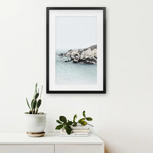 Load image into Gallery viewer, Nautical Neutral Tones Print. Ocean Waves, Rocks. Black Frame with Mat
