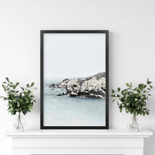 Load image into Gallery viewer, Nautical Neutral Tones Print. Ocean Waves, Rocks. Black Frame
