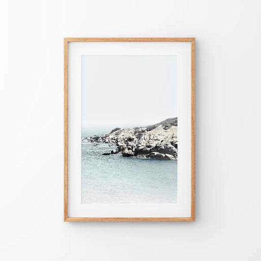 Nautical Neutral Tones Print. Ocean Waves, Rocks. Thin Wood Frame with Mat