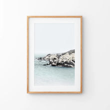 Load image into Gallery viewer, Nautical Neutral Tones Print. Ocean Waves, Rocks. Thin Wood Frame with Mat
