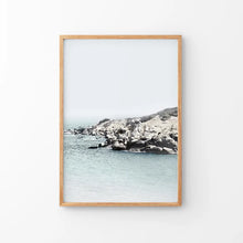 Load image into Gallery viewer, Nautical Neutral Tones Print. Ocean Waves, Rocks. Thin Wood Frame
