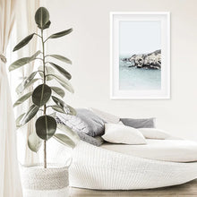 Load image into Gallery viewer, Nautical Neutral Tones Print. Ocean Waves, Rocks. White Frame with Mat
