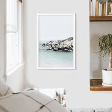 Load image into Gallery viewer, Nautical Neutral Tones Print. Ocean Waves, Rocks. White Frame

