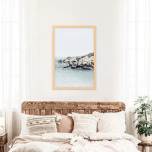 Load image into Gallery viewer, Nautical Neutral Tones Print. Ocean Waves, Rocks. Wood Frame
