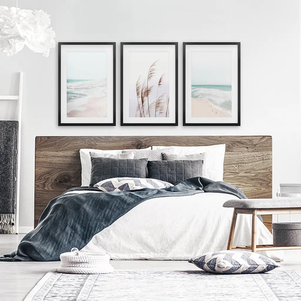 Coastal Boho Wall Art. Beach Pampas Grass, Blue Ocean Waves