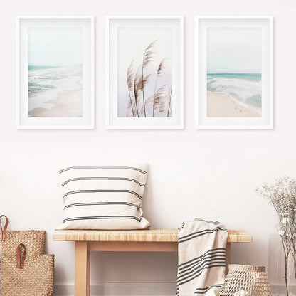 Coastal Boho Wall Art. Beach Pampas Grass, Blue Ocean Waves