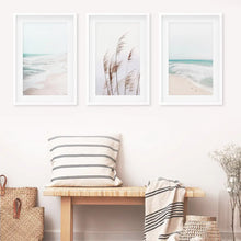 Load image into Gallery viewer, Coastal Boho Wall Art. Beach Pampas Grass, Blue Ocean Waves
